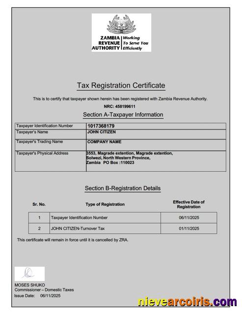 Zambia tax registration certificate